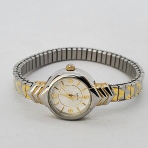 Women's 22MM Dress Watch Gold Gray Tone Expansion Band 6.5" Wrist New Battery